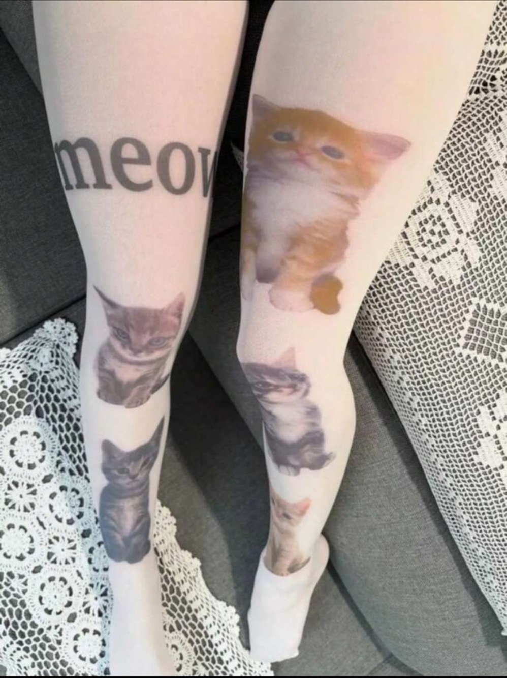 Unknown Brand Cream Cat Print Tights - Cute Kitten Design